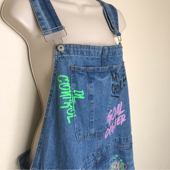 Spoon Graffiti Graphic Short Overalls Denim Blue Jean Shortalls Women Size 2X - Picture 2 of 15